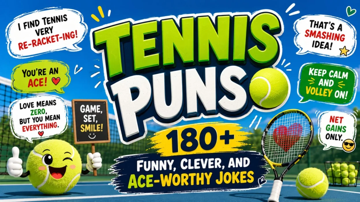 Tennis puns illustration with tennis balls, racket, court, and funny tennis jokes for a tennis puns blog cover