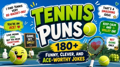 Tennis puns illustration with tennis balls, racket, court, and funny tennis jokes for a tennis puns blog cover
