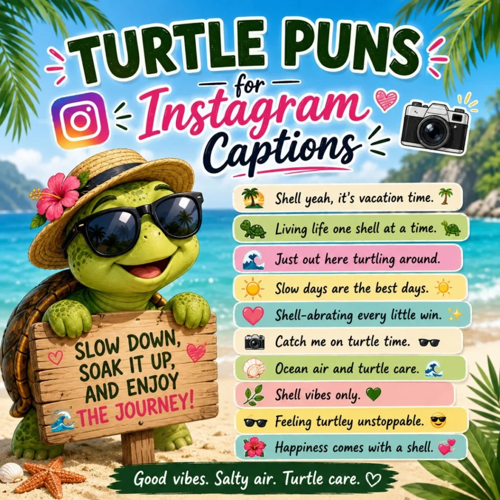 Cute turtle on a tropical beach with funny turtle puns and Instagram caption ideas for social media posts.