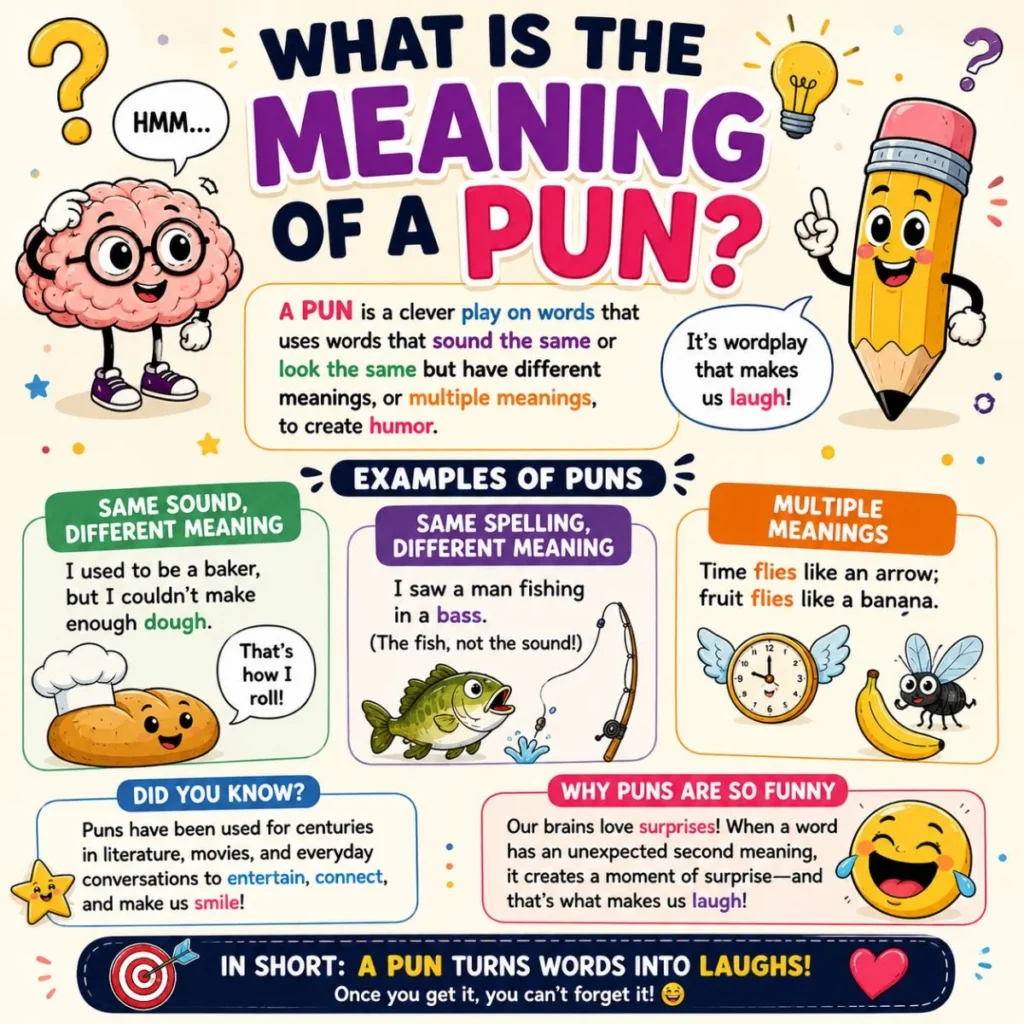 What is the meaning of a pun infographic explaining wordplay, multiple meanings, and funny pun examples in a colorful design