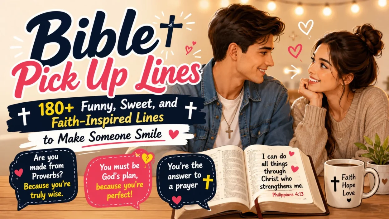 Bible pick up lines illustration with a smiling Christian couple, open Bible, cross, and faith-inspired romantic quotes.