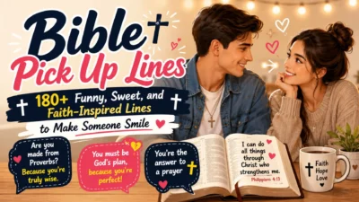 Bible pick up lines illustration with a smiling Christian couple, open Bible, cross, and faith-inspired romantic quotes.