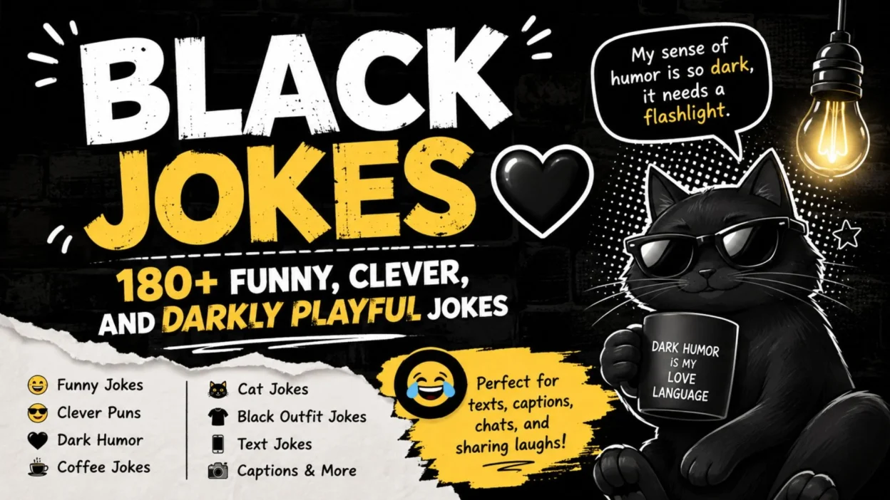 Black jokes with 180+ funny, clever, and darkly playful jokes featuring a black cat and humor-themed design