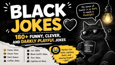 Black jokes with 180+ funny, clever, and darkly playful jokes featuring a black cat and humor-themed design