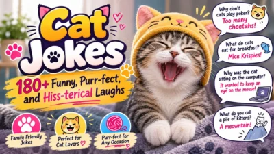 Cute smiling kitten with Cat Jokes title and funny cat joke bubbles, perfect for cat lovers and family-friendly laughs.