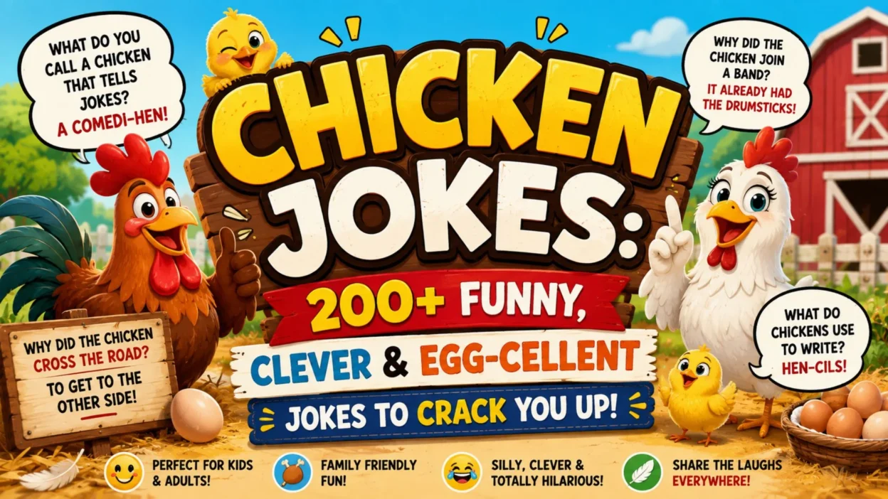 Chicken jokes poster with funny, clever and egg-cellent chicken humor, colorful cartoon chickens and farm scenery