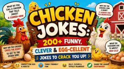 Chicken jokes poster with funny, clever and egg-cellent chicken humor, colorful cartoon chickens and farm scenery