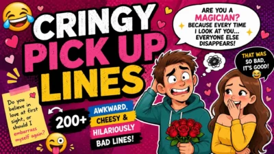 Cringy pick up lines featuring an awkward guy, laughing girl, hearts, and funny cheesy flirting quotes