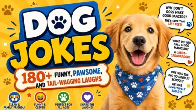 Dog Jokes collection featuring a happy puppy and 180+ funny, pawsome, and family-friendly dog jokes for all ages.