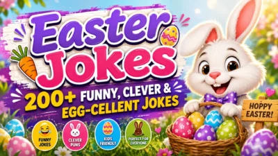 Easter Jokes 🐰🥚 with funny Easter eggs, bunny, and cheerful spring-themed design