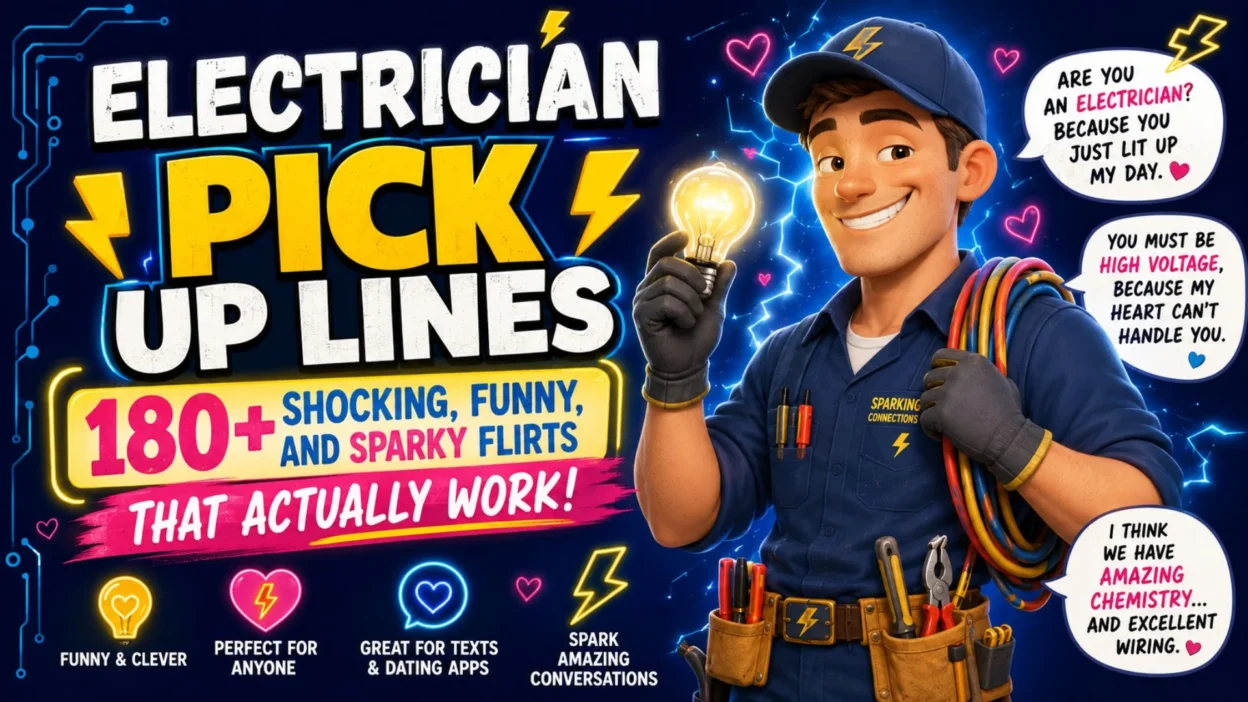 Electrician pick up lines with a smiling electrician, glowing light bulb, and funny flirty quotes in a colorful cartoon design.