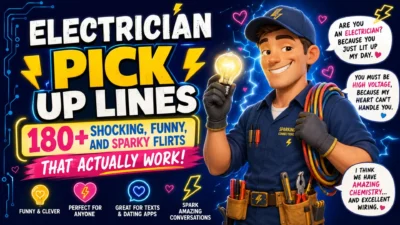 Electrician pick up lines with a smiling electrician, glowing light bulb, and funny flirty quotes in a colorful cartoon design.