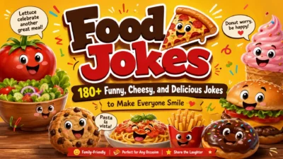 Funny food jokes banner featuring smiling pizza, fries, burger, cookie, taco, cupcake, and milkshake cartoon characters.