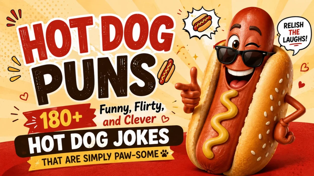 Funny hot dog puns cover featuring a smiling cartoon hot dog with clever jokes and playful typography
