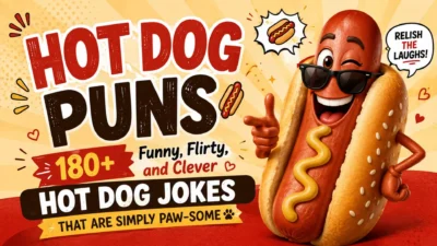 Funny hot dog puns cover featuring a smiling cartoon hot dog with clever jokes and playful typography