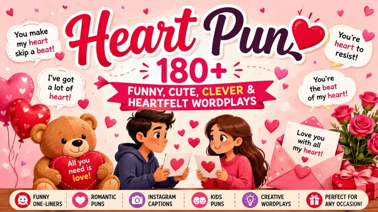 Heart puns featured image with cute hearts, couples, and funny love wordplay for Valentine's Day and romantic captions.