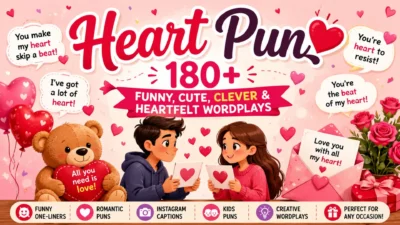 Heart puns featured image with cute hearts, couples, and funny love wordplay for Valentine's Day and romantic captions.