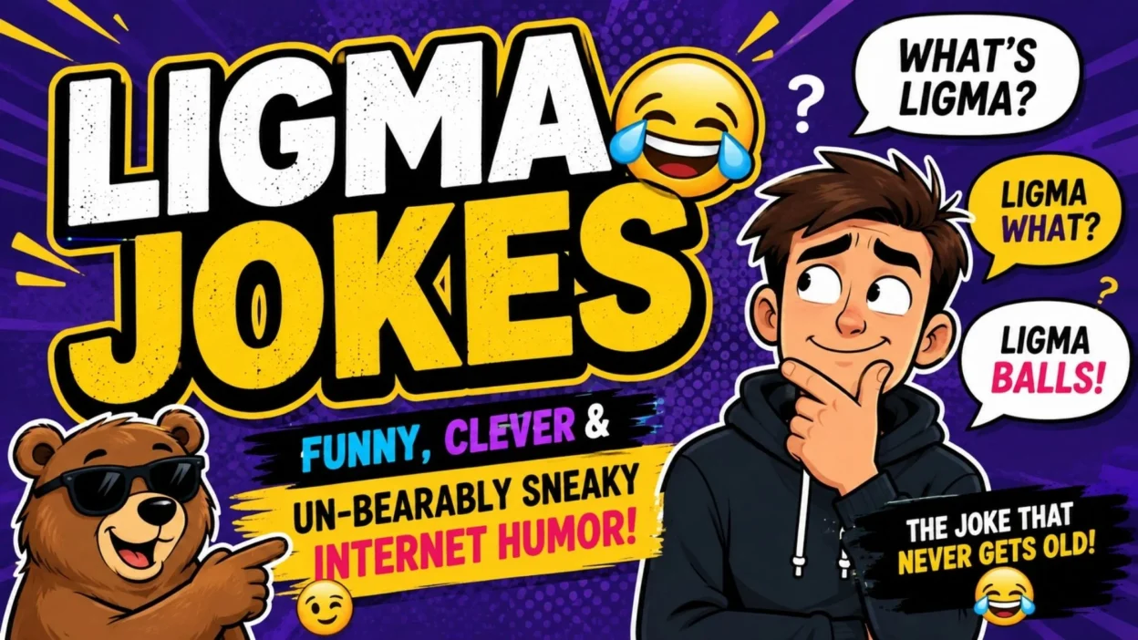 Ligma jokes featuring a funny bear, laughing emoji, and puzzled character in a colorful meme-style design