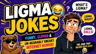 Ligma jokes featuring a funny bear, laughing emoji, and puzzled character in a colorful meme-style design