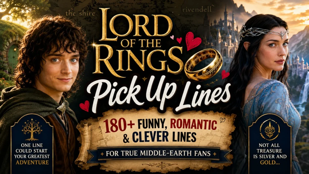 Lord of the Rings pick up lines featured image with a fantasy couple, glowing ring, and magical Middle-earth-inspired background