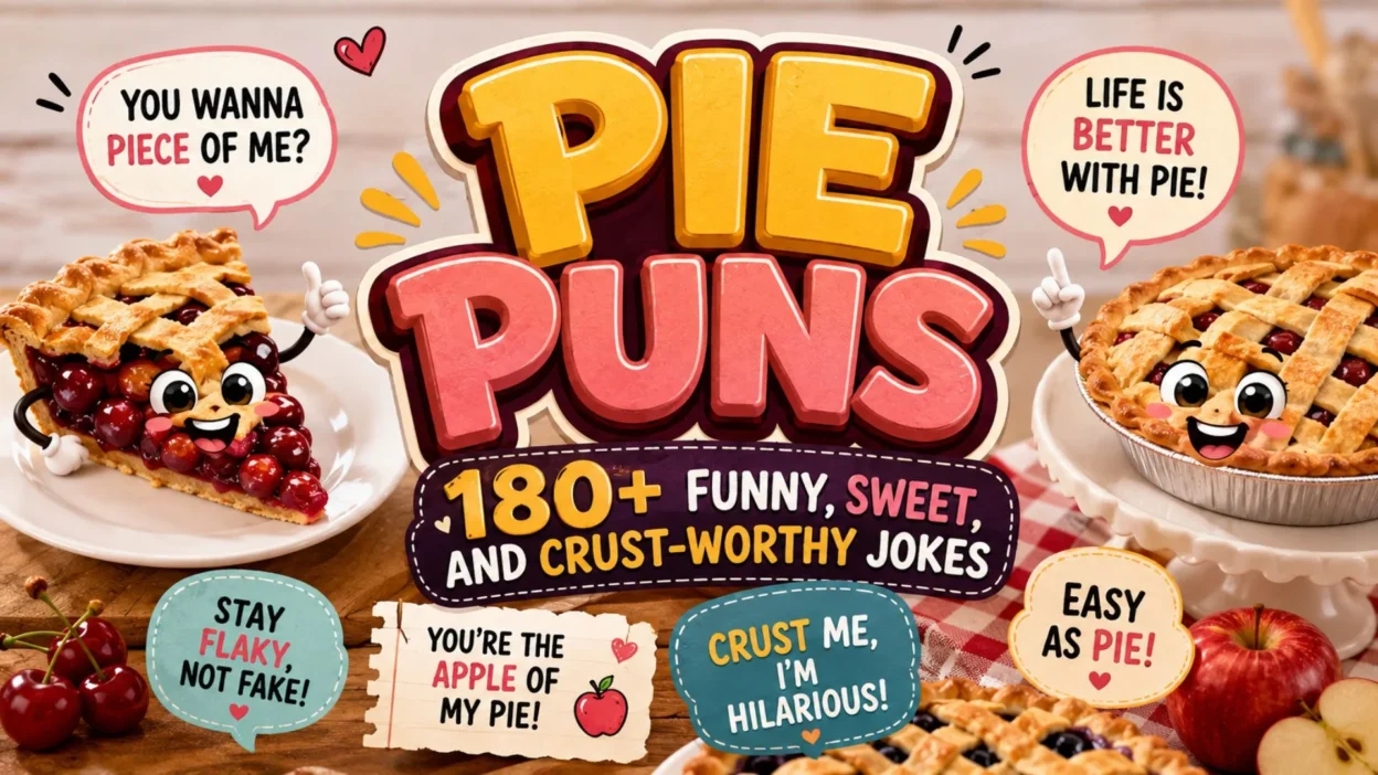 Cute pie puns banner with smiling cartoon pies, funny quotes, and 180+ pie puns for dessert lovers