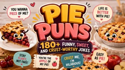 Cute pie puns banner with smiling cartoon pies, funny quotes, and 180+ pie puns for dessert lovers