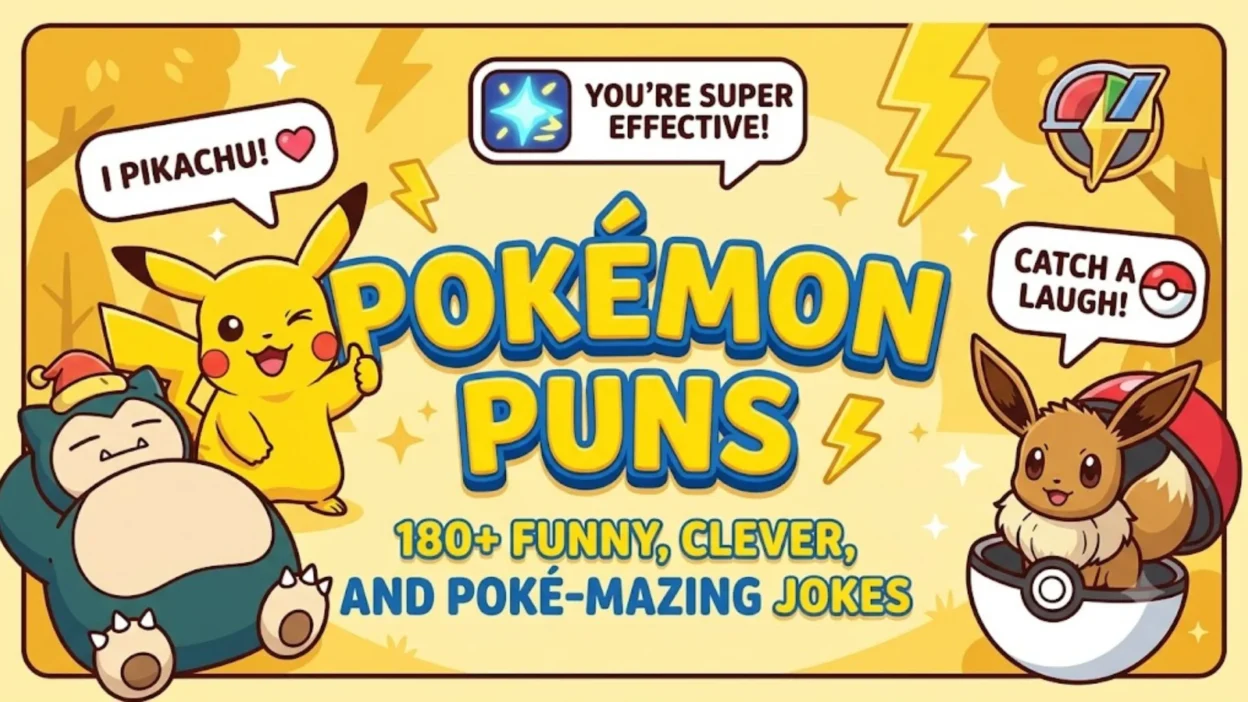 Colorful Pokémon puns banner with Pikachu, Snorlax, Eevee, speech bubbles, and funny jokes for fans
