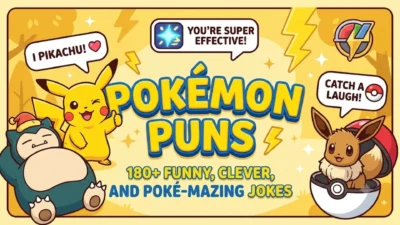 Colorful Pokémon puns banner with Pikachu, Snorlax, Eevee, speech bubbles, and funny jokes for fans