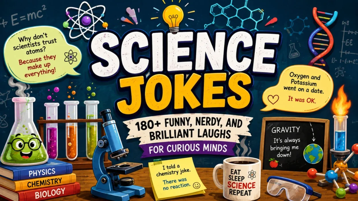 Science jokes featured image with colorful lab equipment, chemistry flasks, microscope, and funny science puns for curious minds.