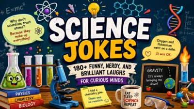 Science jokes featured image with colorful lab equipment, chemistry flasks, microscope, and funny science puns for curious minds.