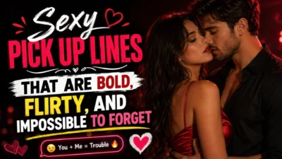 Sexy pick up lines cover featuring a romantic couple with bold flirty text on a dark red background