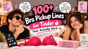 100+ bra pickup lines for Tinder with a playful couple and funny dating-themed design
