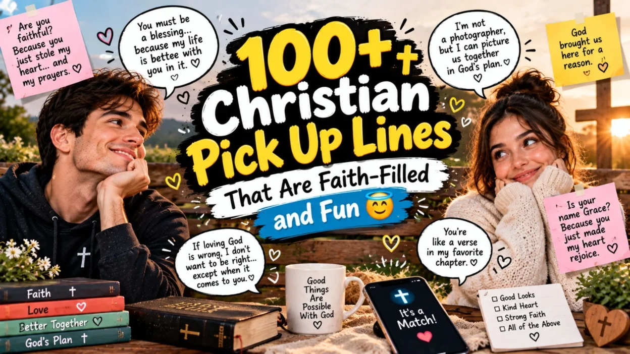 100+ Christian pick up lines with a smiling couple, hearts, cross, Bible, and faith-filled dating humor