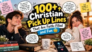 100+ Christian pick up lines with a smiling couple, hearts, cross, Bible, and faith-filled dating humor