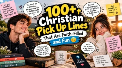 100+ Christian pick up lines with a smiling couple, hearts, cross, Bible, and faith-filled dating humor