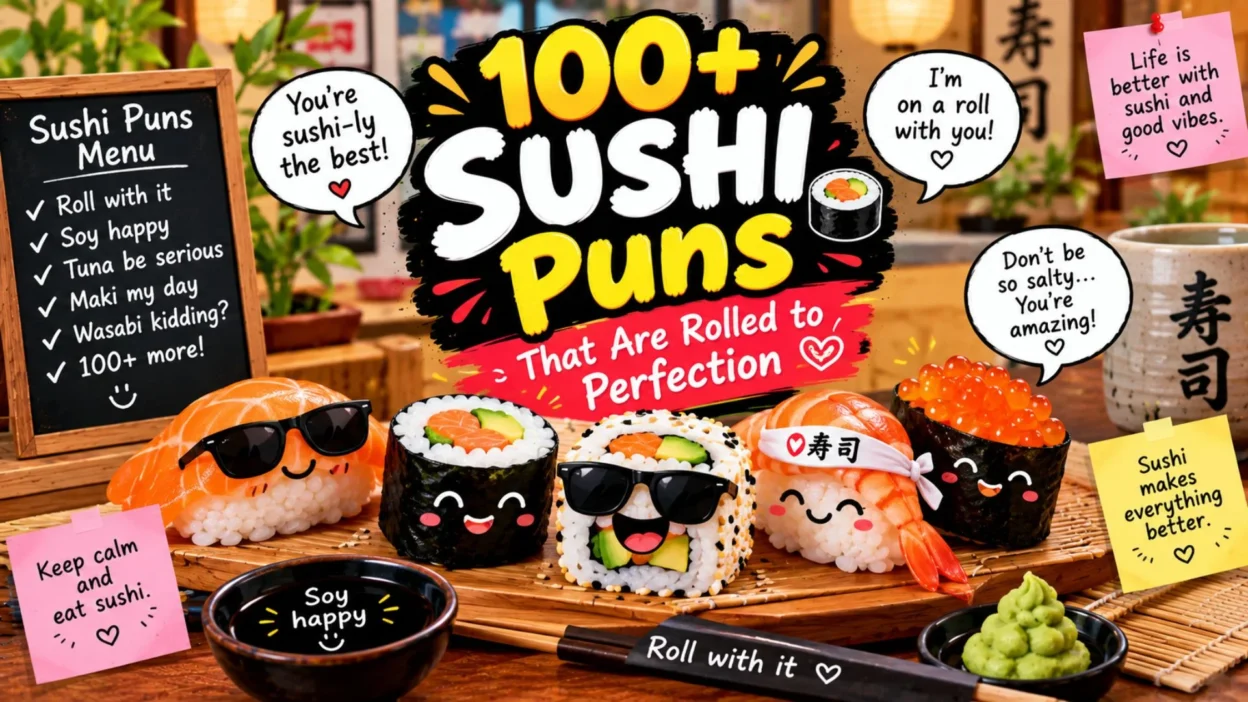 100+ funny sushi puns with cute sushi rolls, chopsticks, soy sauce, wasabi, and playful food humor