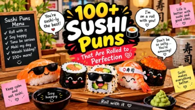 100+ funny sushi puns with cute sushi rolls, chopsticks, soy sauce, wasabi, and playful food humor