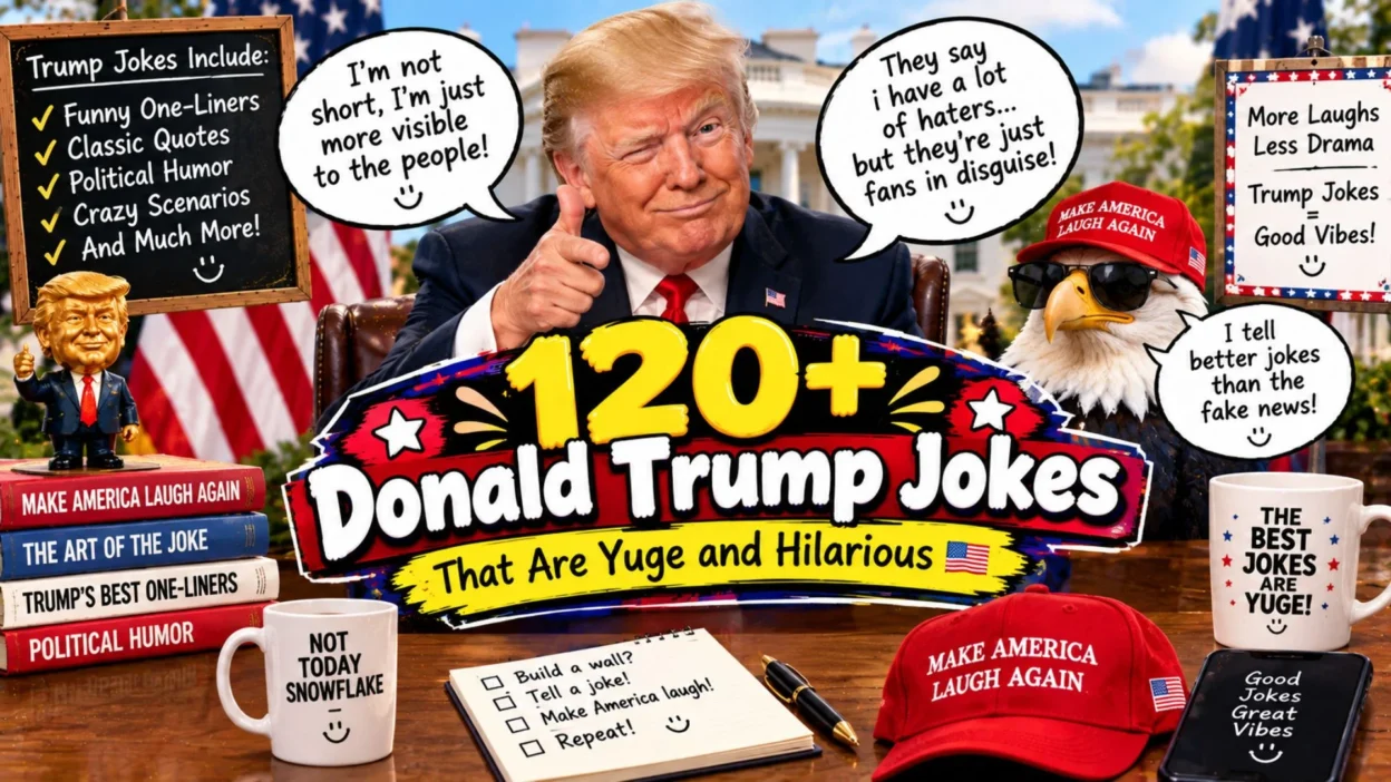 120+ funny Donald Trump jokes with Trump, American flags, eagle, speech bubbles, and political humor