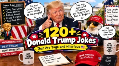 120+ funny Donald Trump jokes with Trump, American flags, eagle, speech bubbles, and political humor