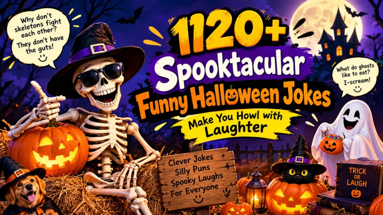 120+ funny Halloween jokes with spooky skeleton, ghost, pumpkins, and haunted house