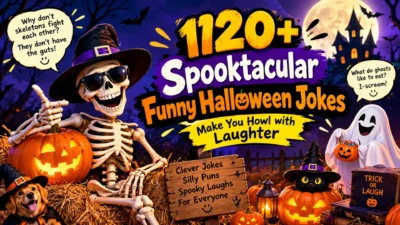 120+ funny Halloween jokes with spooky skeleton, ghost, pumpkins, and haunted house