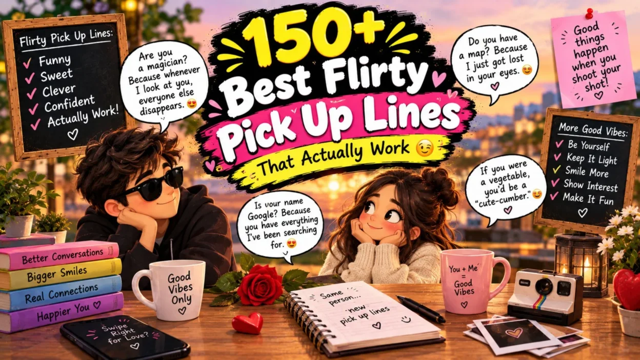 150+ best flirty pick up lines with a cute couple, hearts, speech bubbles, and romantic dating humor