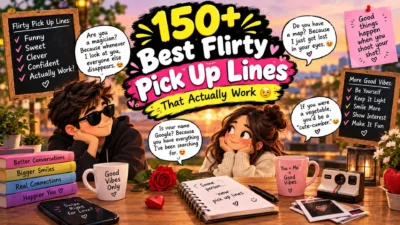 150+ best flirty pick up lines with a cute couple, hearts, speech bubbles, and romantic dating humor