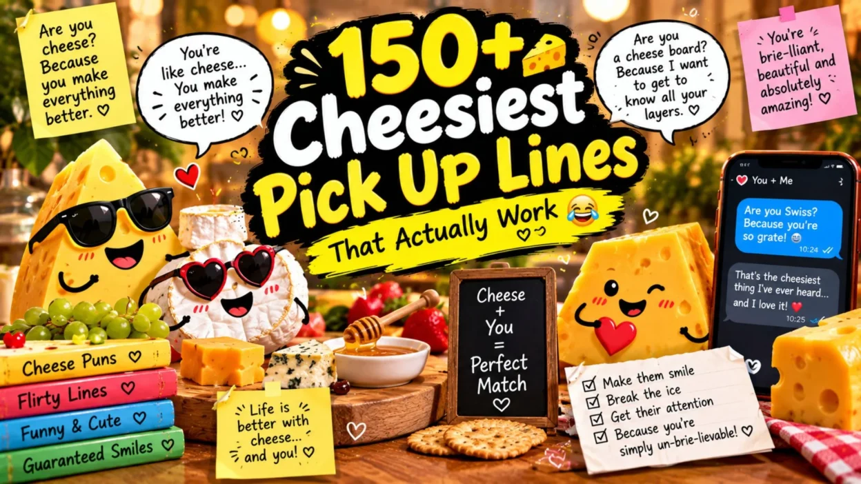 150+ funniest cheesy pick up lines with cute cheese characters, hearts, and playful dating humor
