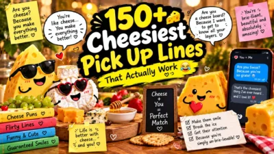 150+ funniest cheesy pick up lines with cute cheese characters, hearts, and playful dating humor