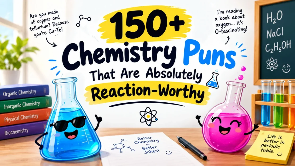 150+ chemistry puns with colorful flasks, atom doodles, and funny science-themed illustrations