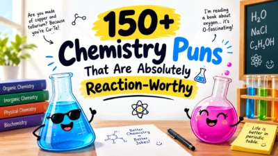 150+ chemistry puns with colorful flasks, atom doodles, and funny science-themed illustrations