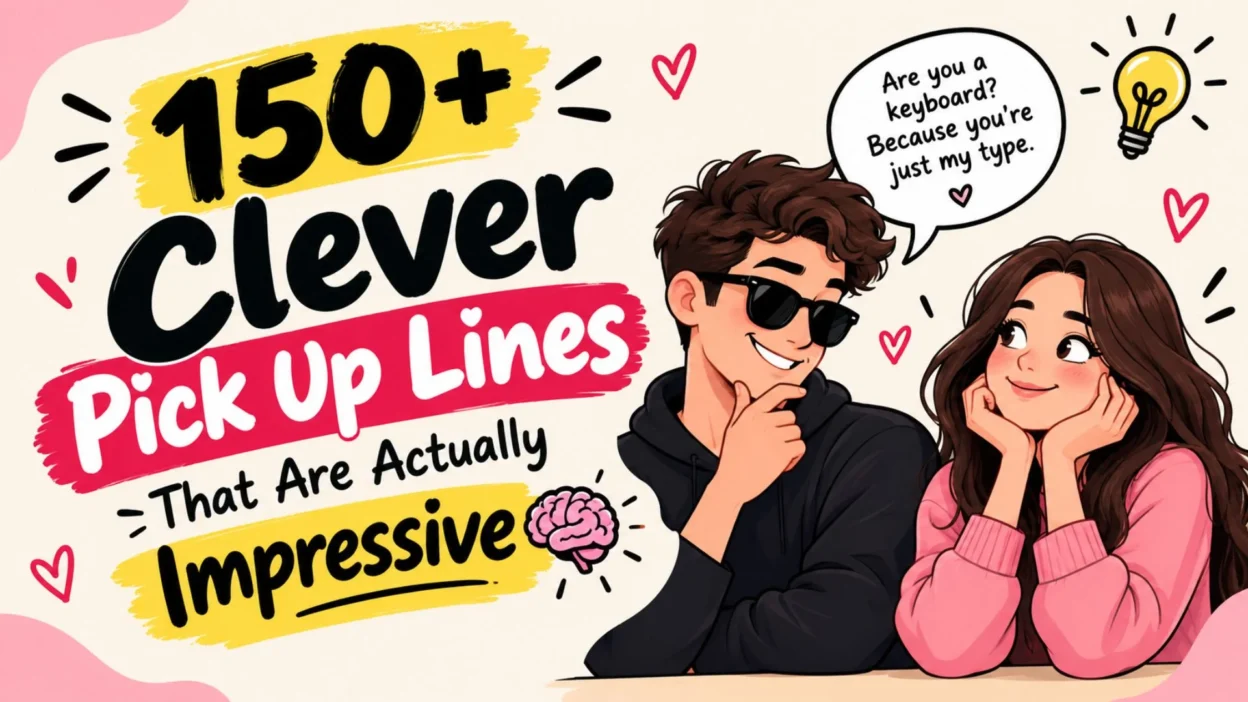 150+ clever pick up lines that are actually impressive with a flirty cartoon couple