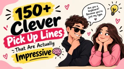 150+ clever pick up lines that are actually impressive with a flirty cartoon couple
