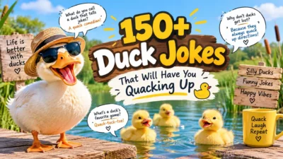 150+ duck jokes with a funny duck in sunglasses, ducklings, and a colorful pond scene